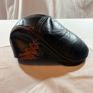 Lethmik Leather Flat Cap Mens 56 Small Black Brown Lace Up Driving Ivy Hat